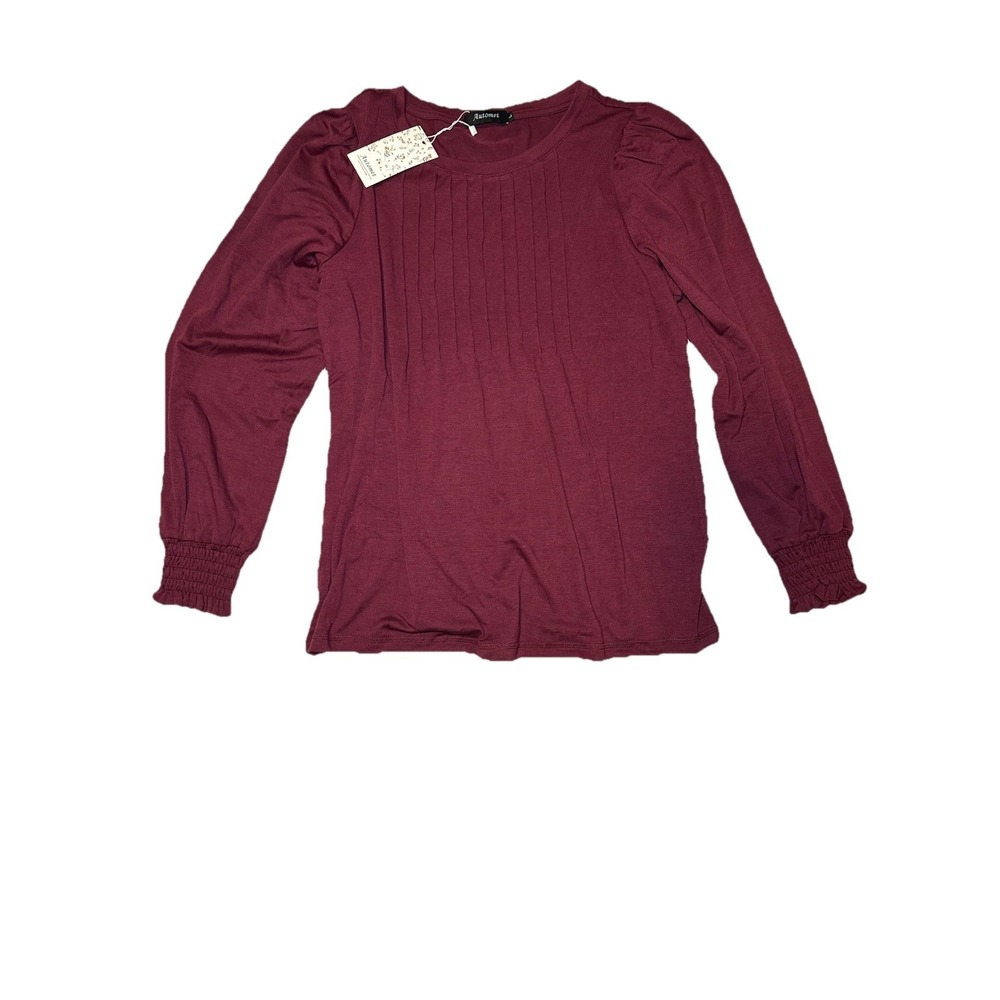 Automet Burgundy Smocked Cuff Blouse Women's Large Boho Puff Sleeve Top NWT